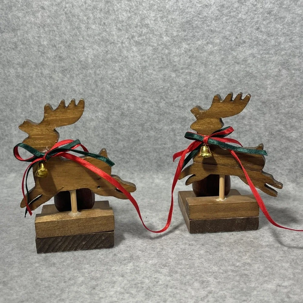 Vintage Christmas Around the World Wood Sleigh Reindeer Taper Candle Holders Set